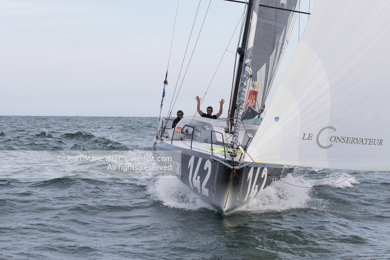 .Itajaï (Brazil) on November 18, 2015, arrival of Yannick Bestaven and Pierre Brasseur aboard the Class 40 Le Conservateur, first in the class 40 ranking..Photo © Jean-Marie Liot