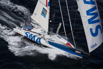 Paul Meilhat et Michel Desjoyeaux à l'entrainement sur IMOCA SMA avant le départ de la Transat Jacques vabre 2015 au départ du Havre et à destination de Itajaï au Brésil..Groix, 16 09 2015, Photo © Jean-Marie LIOT   DPPI.